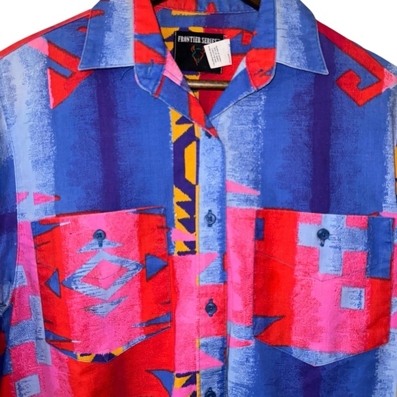 Vintage Frontier Series 90s Blue Pink Aztec Western Cowgirl Button Shirt Sz S - Picture 4 of 10